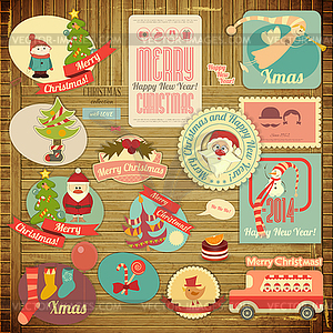 Retro Merry Christmas Label Set - vector image