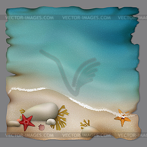 Seashore with stones and starfishes on retro paper - vector clipart