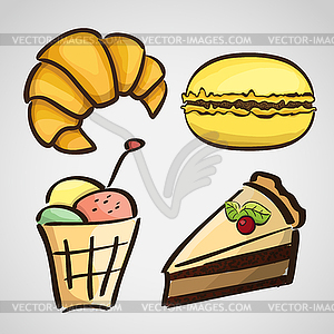 Sketch style sweets - cake, croissant, macaroon - vector clip art