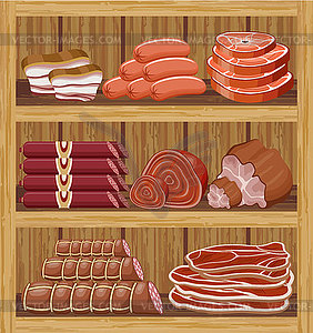 Shelfs with meat products. Meat market - royalty-free vector clipart