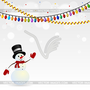 Festive snowman in hat on background with garlands - vector image