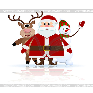 Santa Claus, reindeer and snowman on ice - vector image