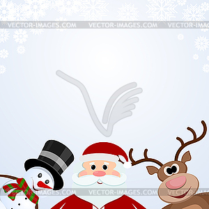 Santa Claus, snowman and reindeer on snowy - vector clipart
