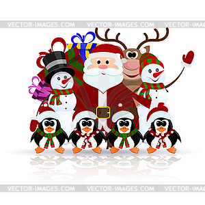 Santa Claus, penguins, reindeer and snowman on ice  - vector clipart