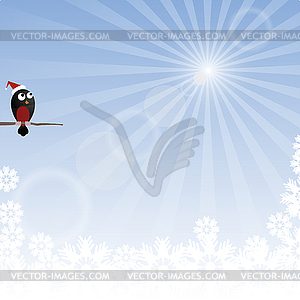 Winter background with rays and bullfinch - vector clip art