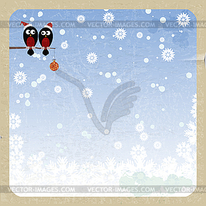 Bullfinchs on Christmas garland on vintage - stock vector clipart