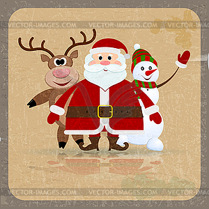 Santa Claus, snowman and reindeer on retro - vector clipart