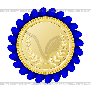 Gold medallion with blue ribbon - vector image