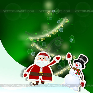 Christmas card with Santa Claus, tree and snowman - vector clipart