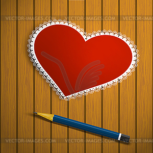 Lacy red heart on wooden background and pencil - vector image