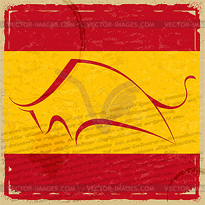 Grunge Spanish flag with silhouette of bull - vector image