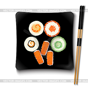 Japanese seafood sushi on black square plate - vector clipart