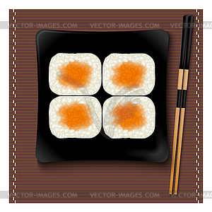Черный квадрат пластина с суши и палочки для еды - рисунок в векторе
