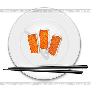 White plate with sushi and chopsticks - vector image