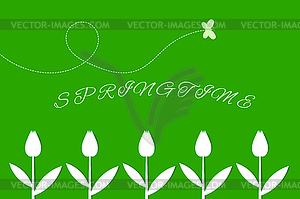 Green summer background with tulips and butterfly - vector clipart