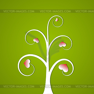 White abstract tree with hearts on green background - vector clipart