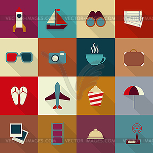 16 flat travel icons with shadow - vector clip art