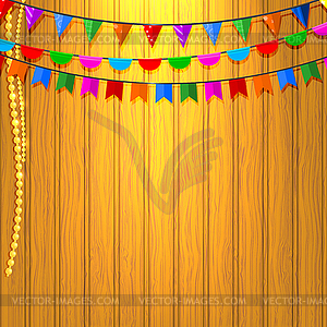 Festive flags and pearl on wooden background. - vector clip art