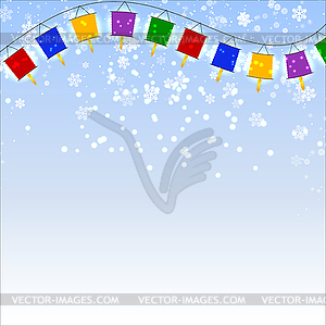 Winter blue background with snowflakes and garland - vector clip art