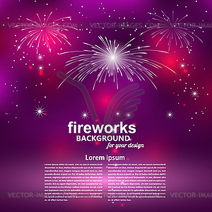 Celebratory fireworks on purple background. Card. - royalty-free vector clipart