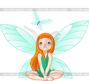 Fairy observes for flying butterfly - vector clipart