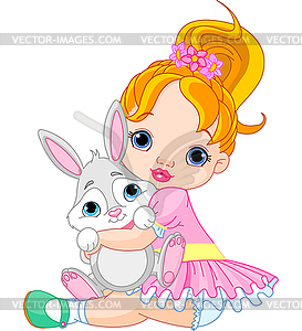 Little girl hugging toy bunny - vector clip art