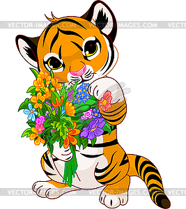 Cute tiger cub with flowers - vector clipart / vector image