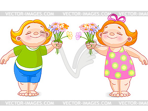 Two babies with bouquets - vector clipart