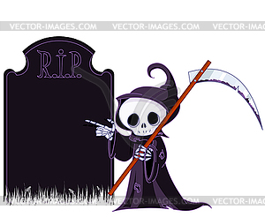 Grim reaper pointing to tombstone - vector clipart