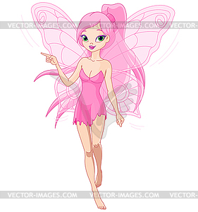 Cute pink fairy pointing - vector image