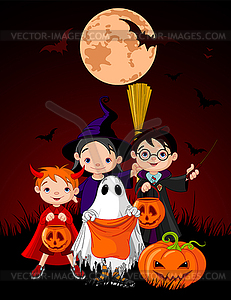 Halloween background with trick or treating children - vector clipart