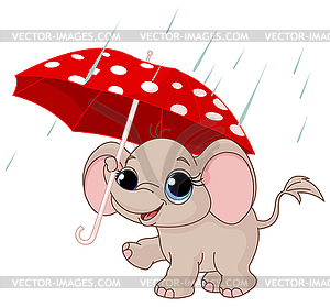 Cute baby elephant under umbrella - vector clipart