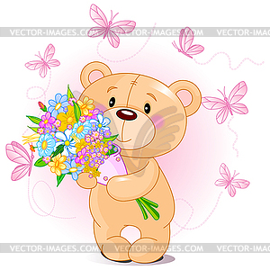 Pink Teddy Bear with flowers - vector image