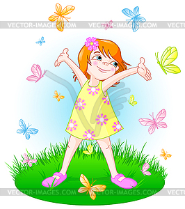 Девушка ловит бабочек - рисунок в векторе