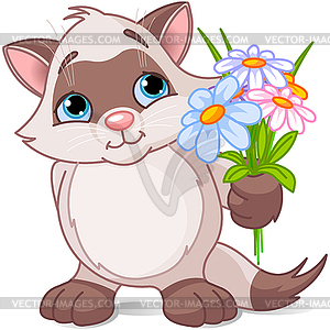 Cute kitten with flowers - vector image