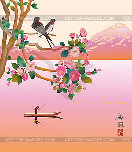 Sakura . A lone boatman, floats on the the lake in the  - vector clipart