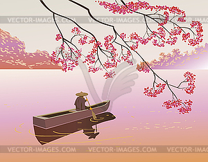 Sakura . A lone boatman, floats on the the lake in the  - vector clipart