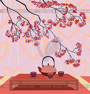 Love birds, sakura, spring, Valentine's Day.Tea ceremon - vector clipart