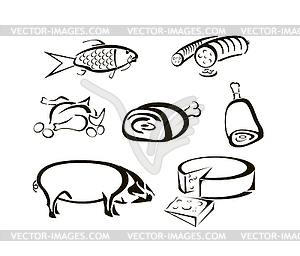 Vector icons of food, meats, cheeses - vector clip art