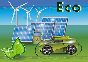 Banner Ecology car , solar panels .wind eletrostantsii  - vector image