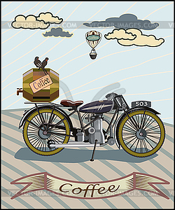 Retro banner with a cup of coffee and motorcycle  - vector image