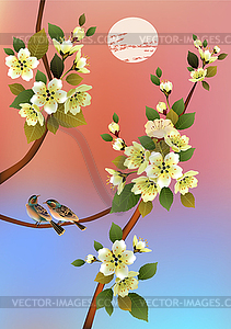 Evening in the garden blooming cherry and birds sing - vector clip art