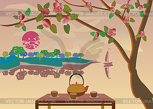 Сакура. Чай ceremony.Menu - векторный клипарт / векторное изображение