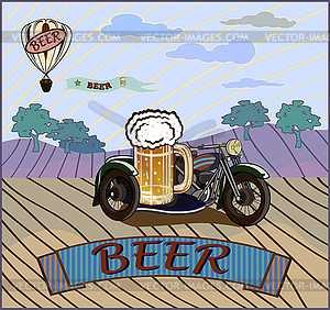 Retro banner motorcycle and a keg of beer - vector image
