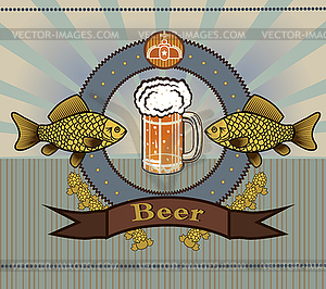 Бокал пива с пеной и рыбы - иллюстрация в векторе