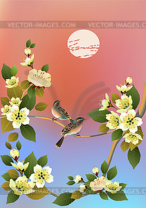 Evening in the garden blooming cherry and birds sing  - vector clipart