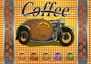 Retro banner with a cup of coffee and motorcycle - vector image