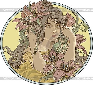 Decorative round art nouveau sketch with young lady - vector clip art