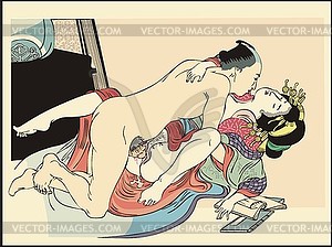 Japanese erotic shunga art - lovers during sex - vector image