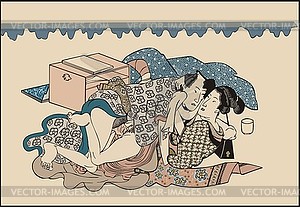 Japanese erotic shunga art - man and woman making love - vector image